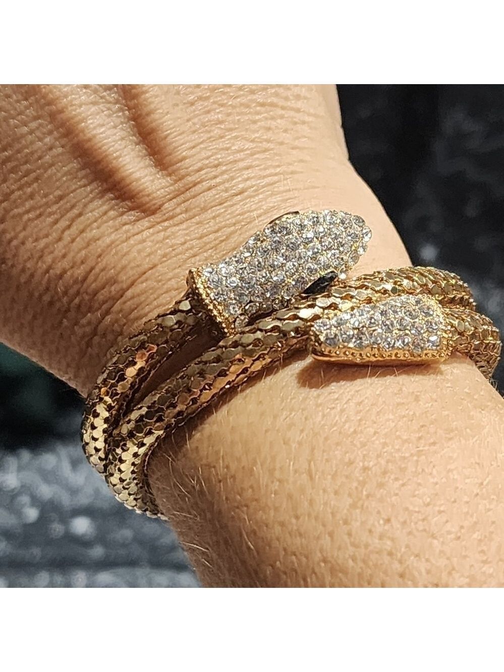 Vintage Gold Tone Rhinestone Snake Head Mesh Wrap Coil Bracelet
